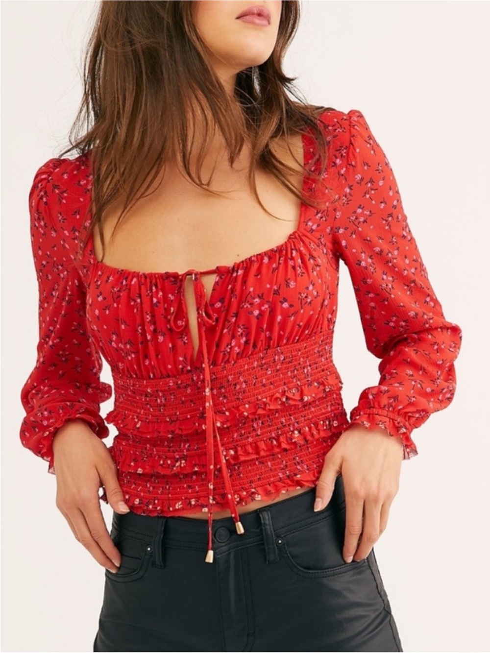 Free People Lolita Red Smocked Floral Long Sleeve Tie Blouse XSmall
